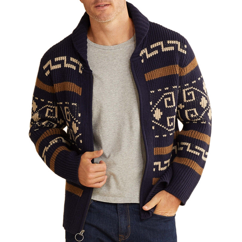 Men's Lapel Long Sleeve Jacquard Knit Sweater