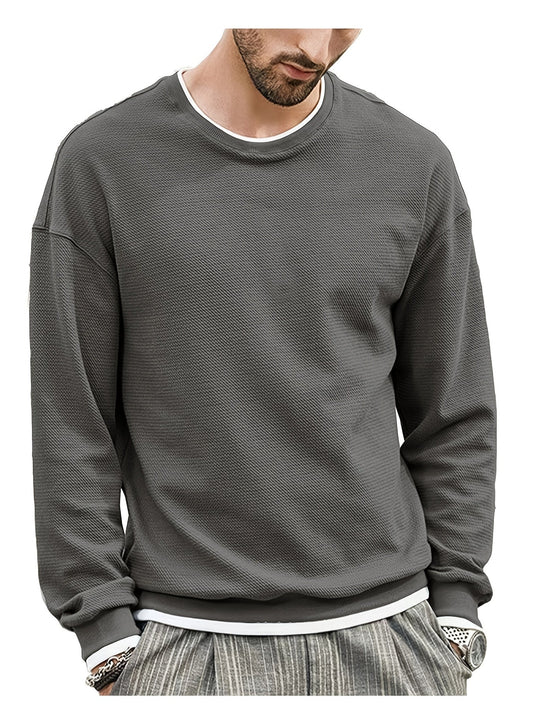 Mens Casual Fabric Texture Non Stretch Crew Neck Long Sleeves Pullover