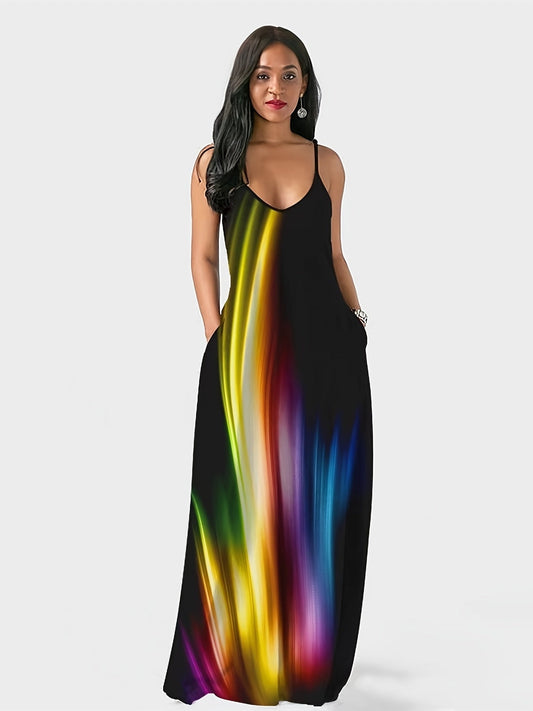 Rainbow Print Spaghetti Casual Sleeveless Loose Maxi Dress