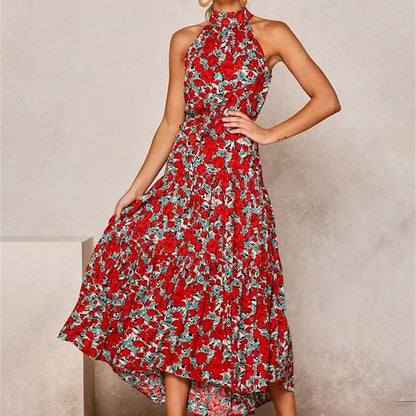 Halter Strapless Neck Floral Print Summer Vacation Dresses