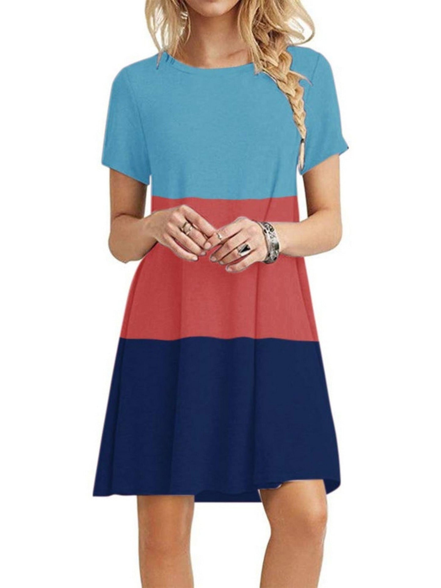 Women's Short Sleeve Crew Neck Swing Dress Color Block Summer Loose Casual A-line T-Shirt Dress