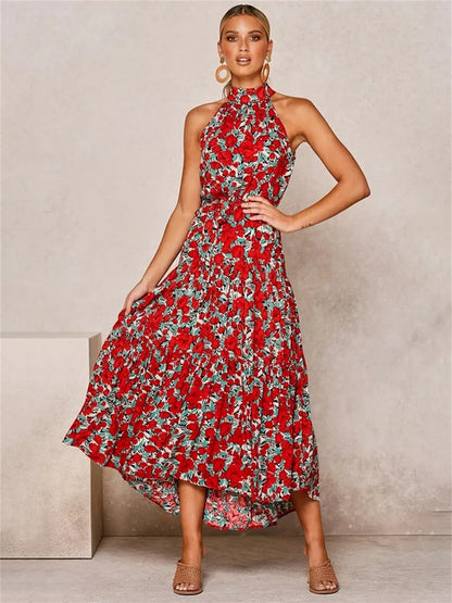 Halter Strapless Neck Floral Print Summer Vacation Dresses