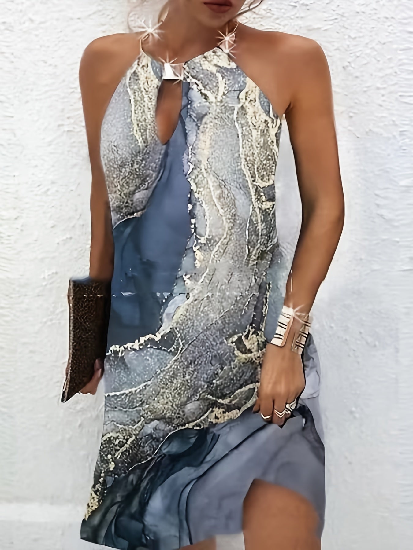 Gold Marble Print Ocean Wave Halter Neck Elegant Beach Sleeveless Loose Vacation Dress