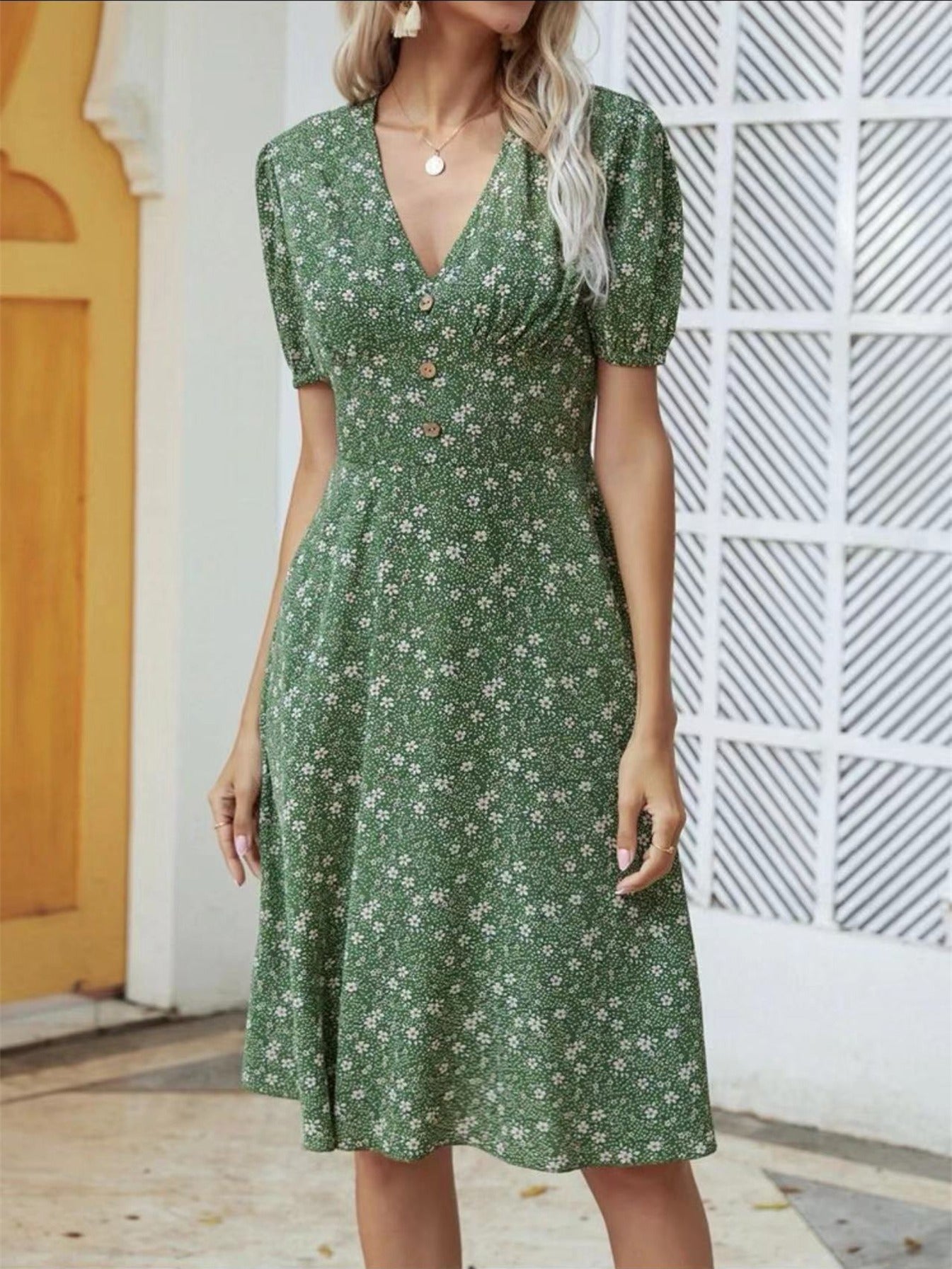 Women's Short Puff Sleeve V Neck Dress Button Front Floral A Line Midi Dresses