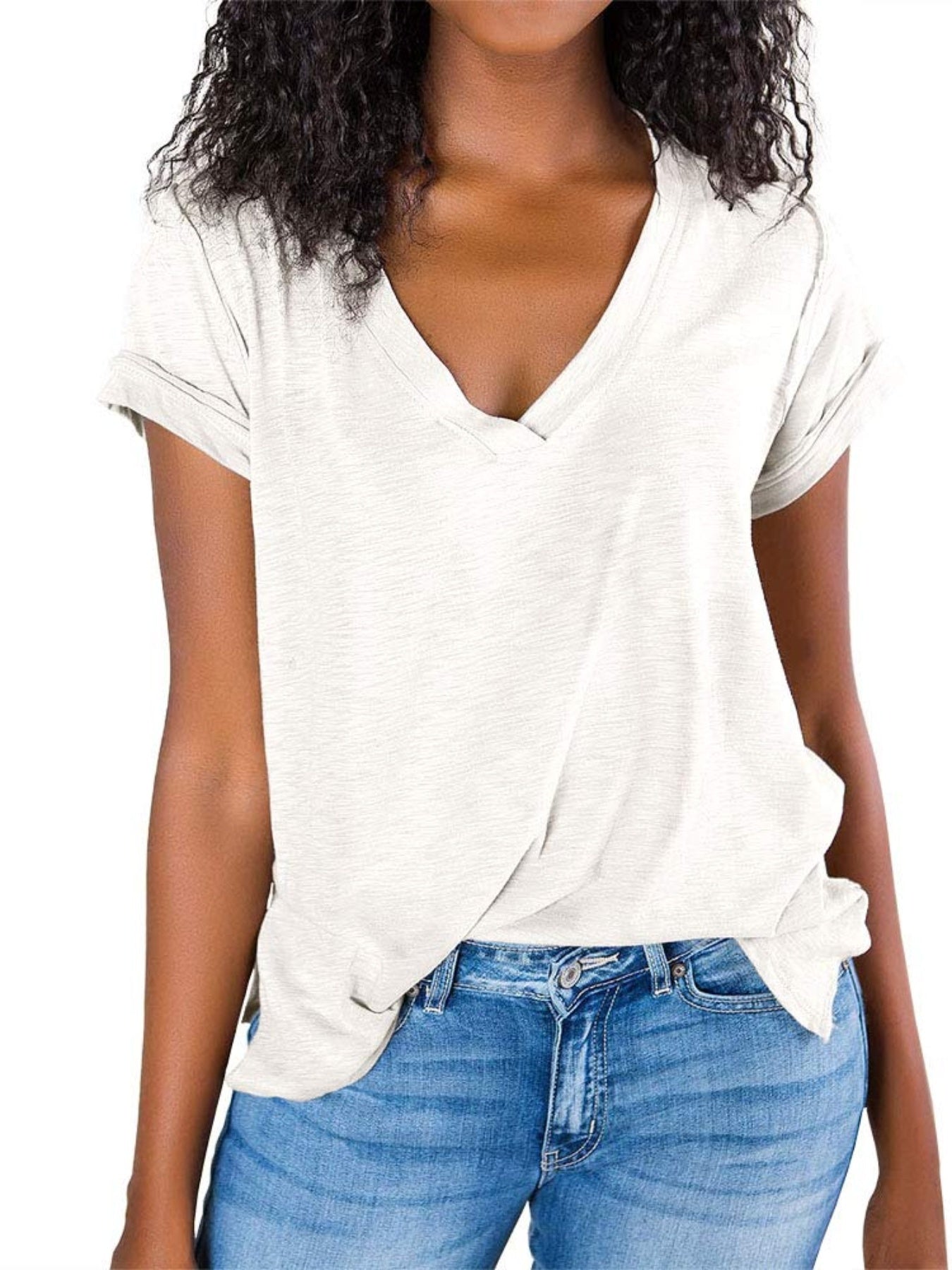 V Neck Side Slit Casual Loose Short Sleeve Fashion Summer T-Shirts Tops