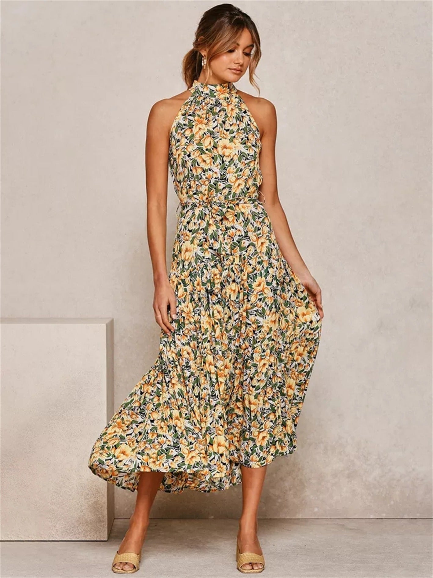 Halter Strapless Neck Floral Print Summer Vacation Dresses