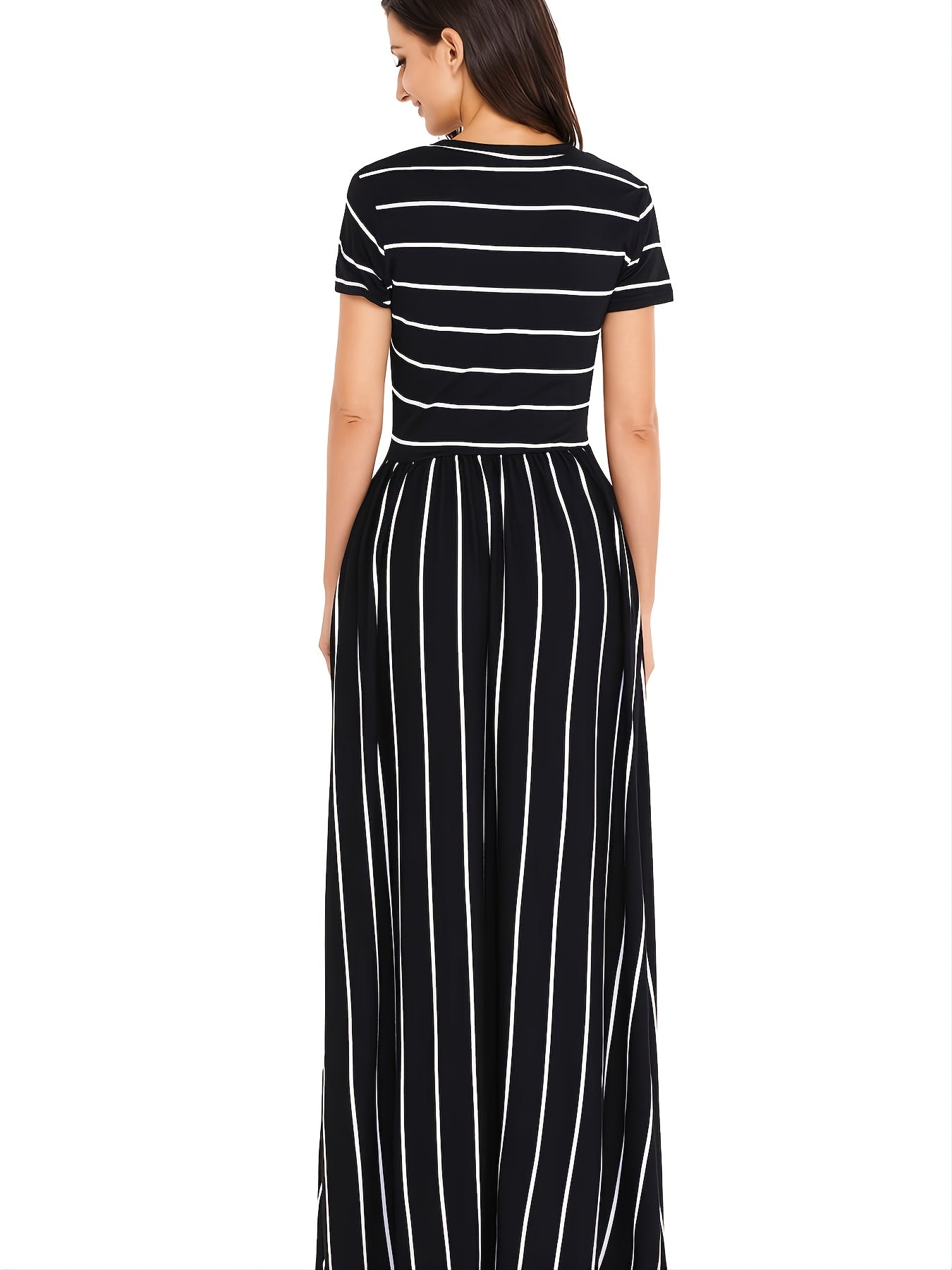 Blue Striped White Short Sleeve Maxi Dress