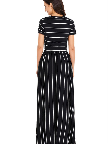 Blue Striped White Short Sleeve Maxi Dress