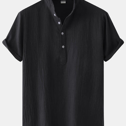 Men's Casual Simple Cozy Cotton Linen Short Sleeves Stand Collar V-neck Shirt