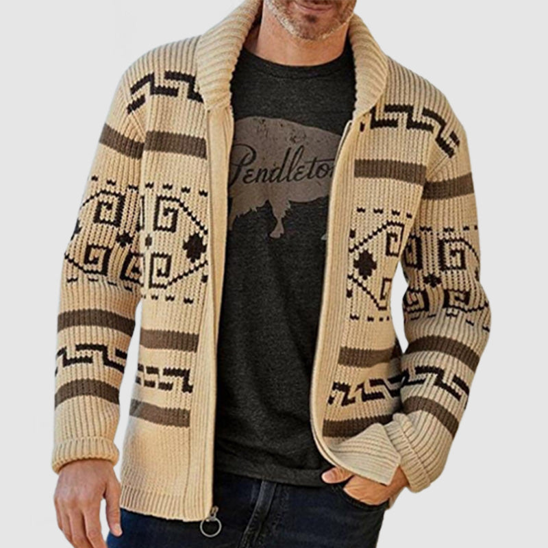 Men's Lapel Long Sleeve Jacquard Knit Sweater