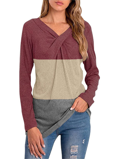 Color Block Long Sleeve Twist Neck T-shirts