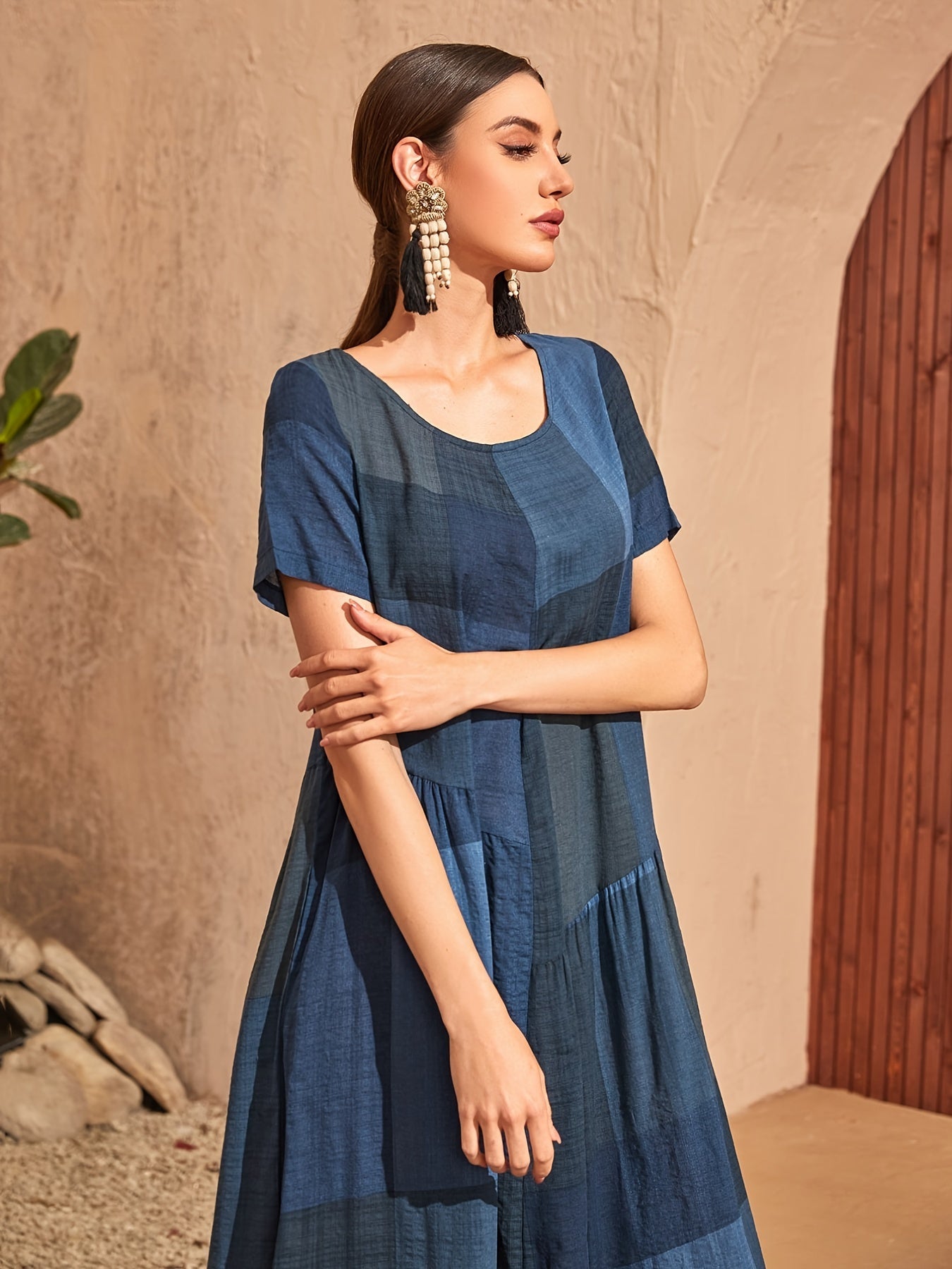 Loose Color Block Crew Neck Short Sleeve Vacation Casual Every Day Dress