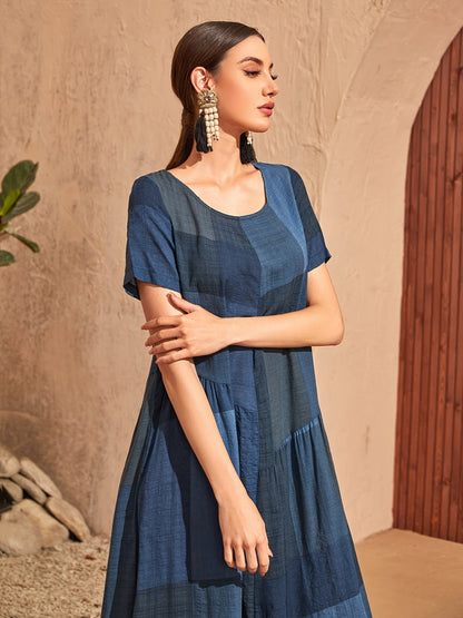 Loose Color Block Crew Neck Short Sleeve Vacation Casual Every Day Dress