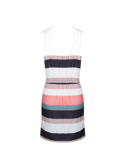 Striped Drawstring Lace Up Pocket V-neck Sleeveless Dress
