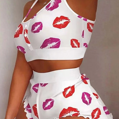 Women's Sleepwear Two-piece Cami Top Shorts Lettuce Trim Pajama Set