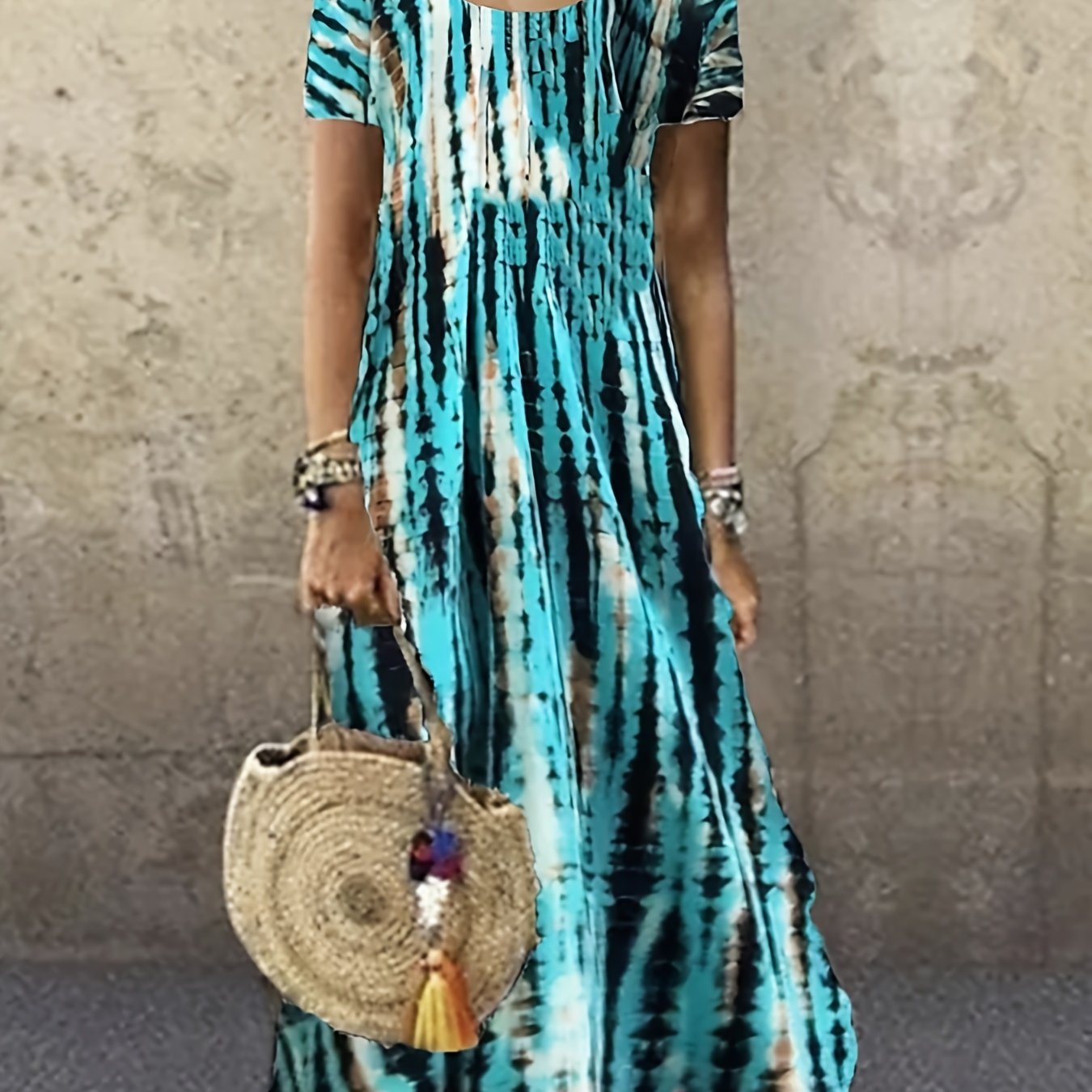 Tie Dye Striped Casual Crew Neck Short Sleeve Ankle Dress