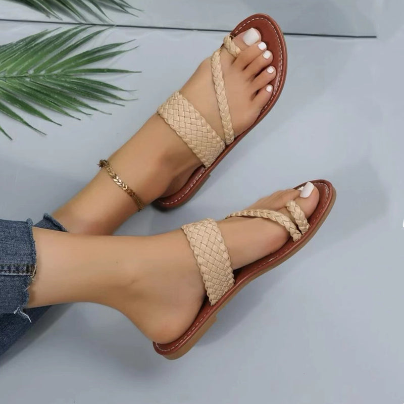 Women's Braided Design Thong Sandals Solid Color Slip-on Flat Toe Loop Slippers