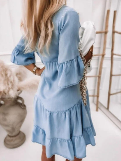 A-Line Midi Denim Dress Ruffled Hem Denim Skirt Casual Loose Dress