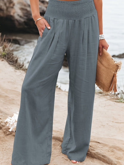 Solid Elastic Long Length Loose Vacation Casual Wide Leg Pants For Spring Summer
