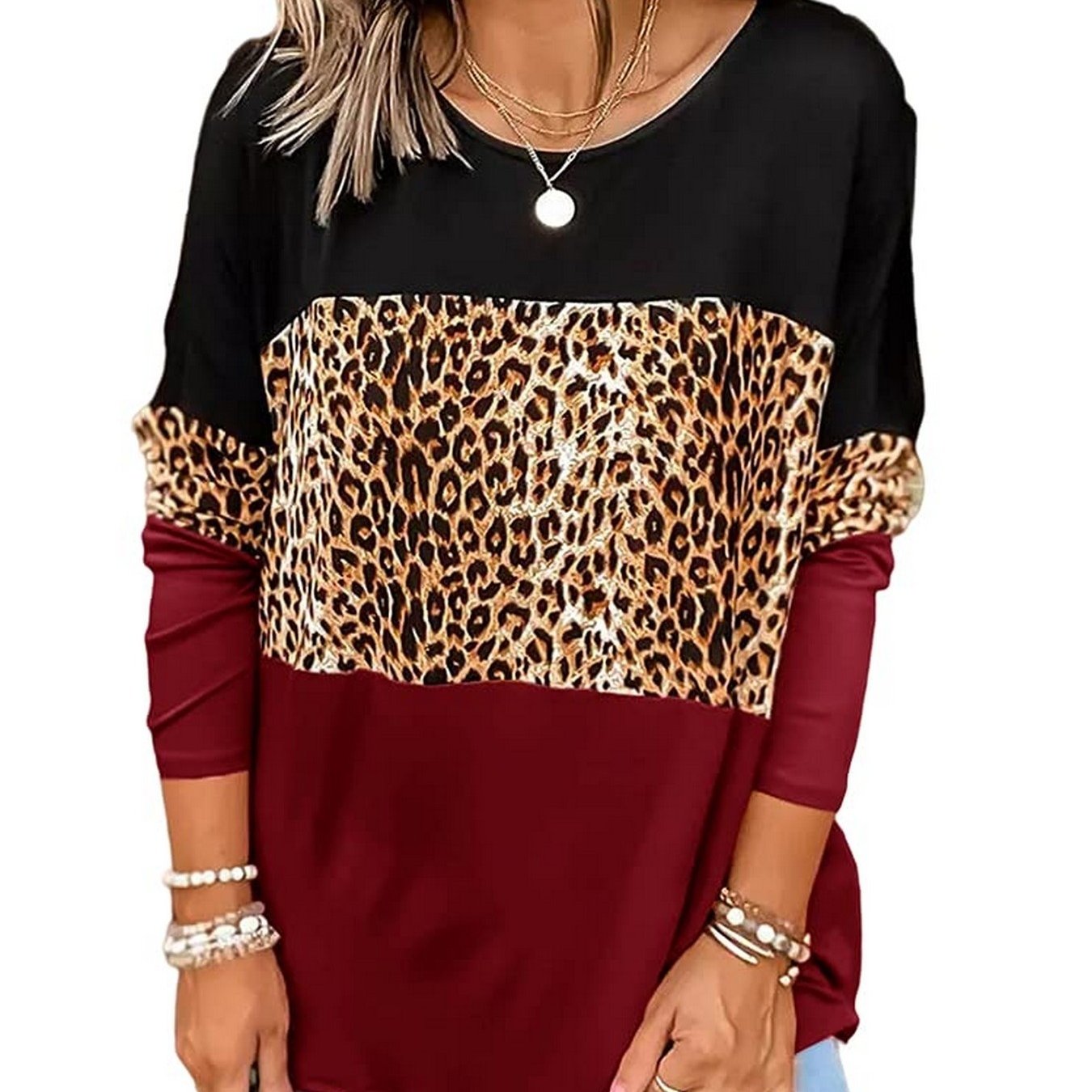 Casual Loose Leopard Round Neck Long Sleeve Color Block T-Shirt