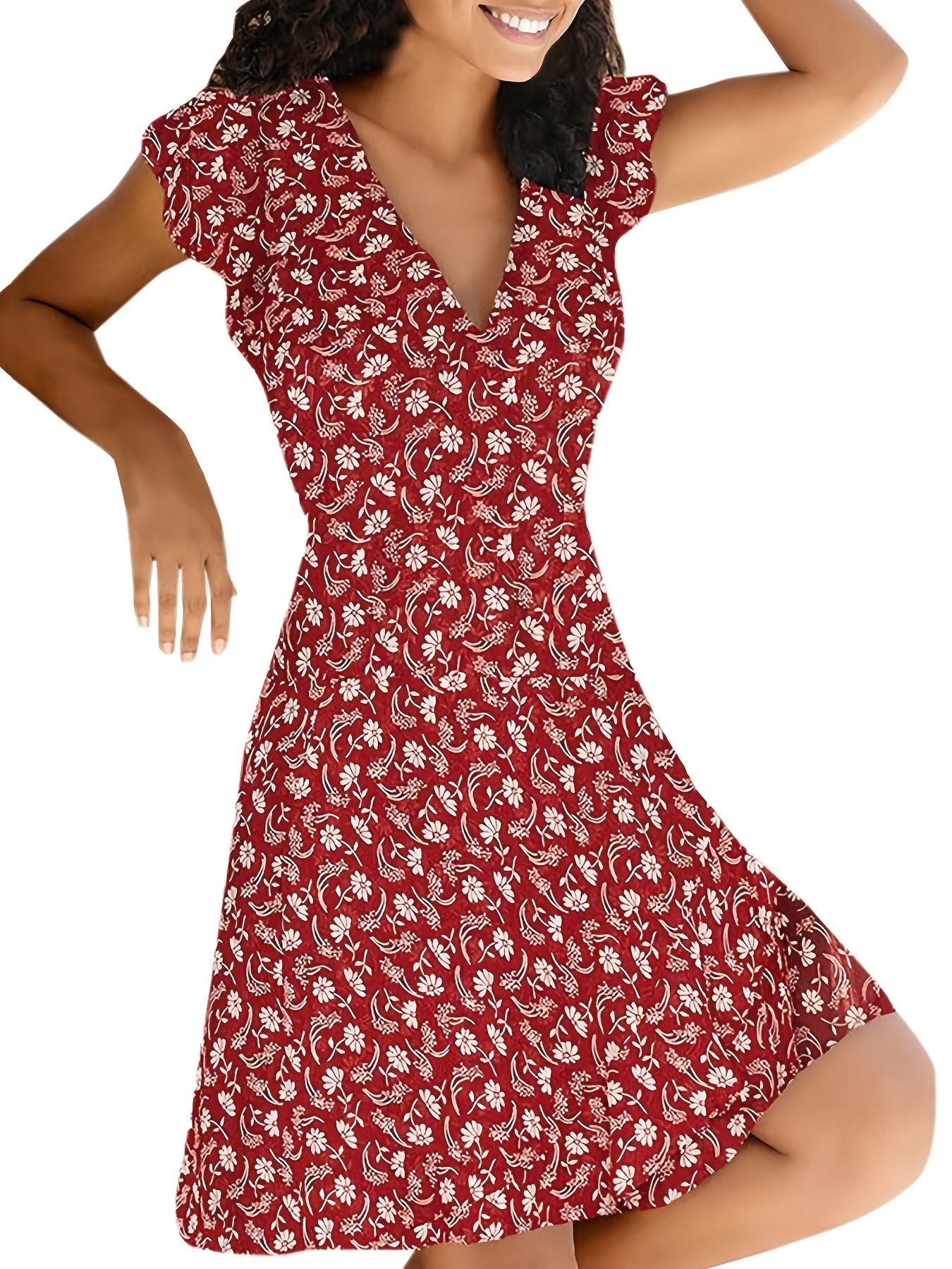 Floral Print V Neck Slim Short Sleeve Casual Every Day Dress For Fall Spring