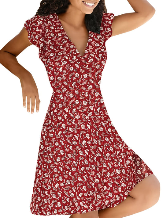 Floral Print V Neck Slim Short Sleeve Casual Every Day Dress For Fall Spring