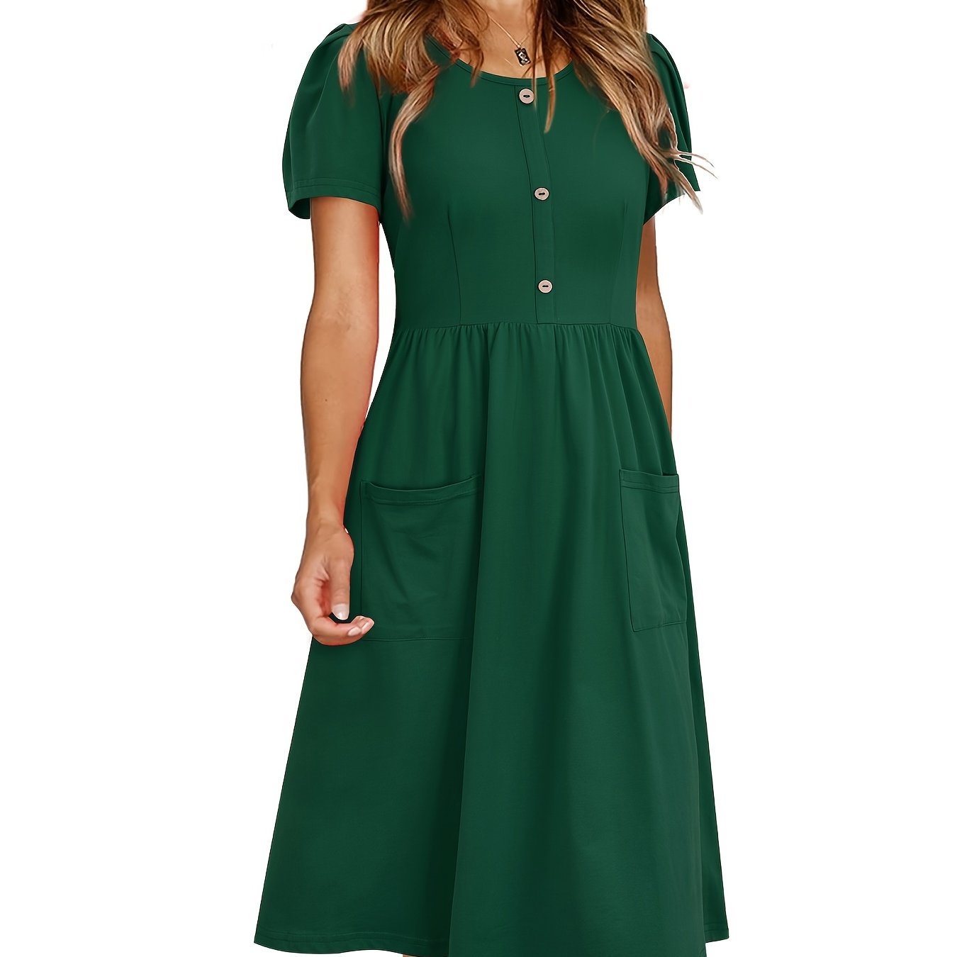 Solid Crew Neck Short Sleeve Fake Buttons Casual High Waist Ruffled Hem Midi Dress