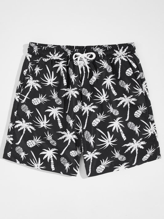 Men's Allover Print Drawstring Waist Swim Trunks