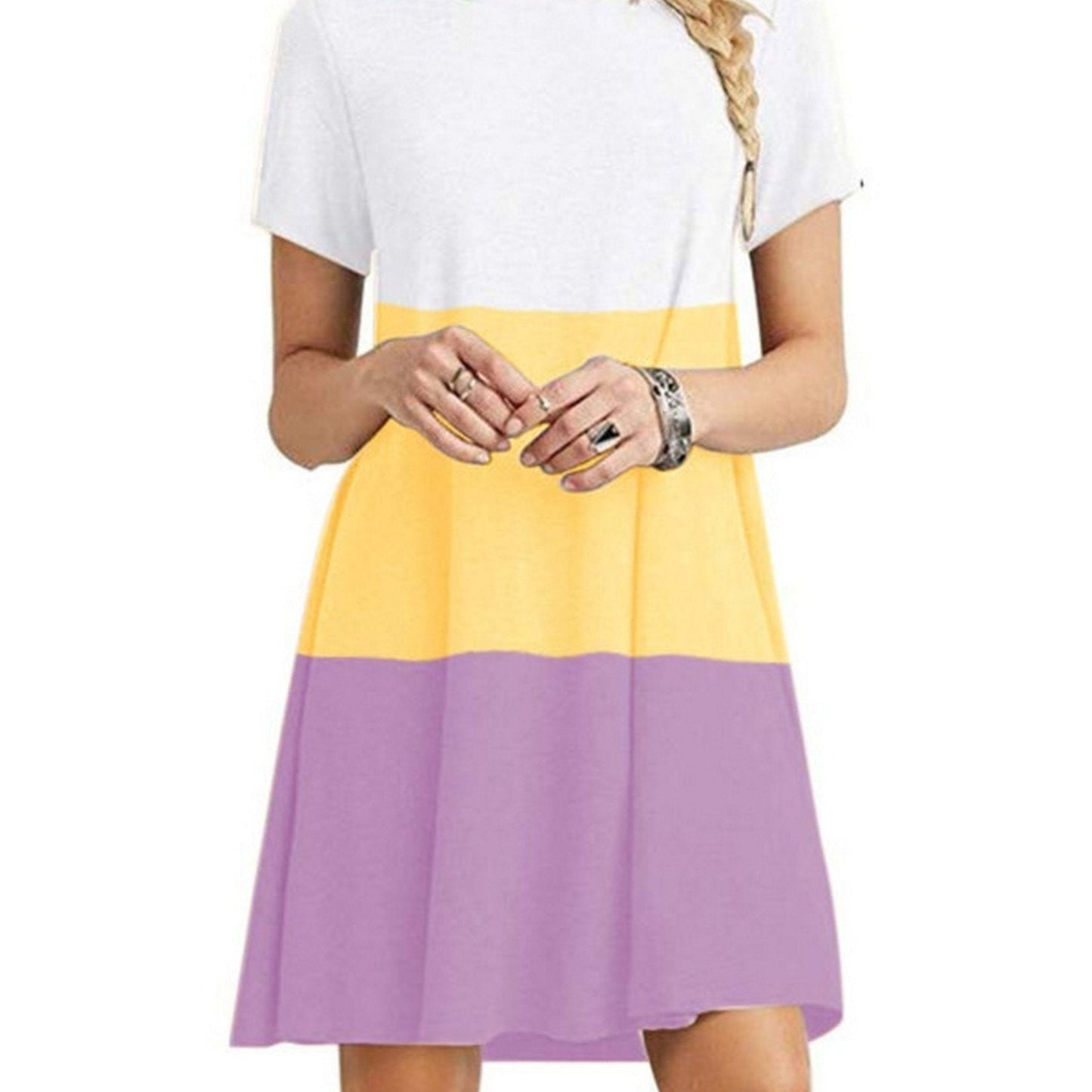 Women's Short Sleeve Crew Neck Swing Dress Color Block Summer Loose Casual A-line T-Shirt Dress