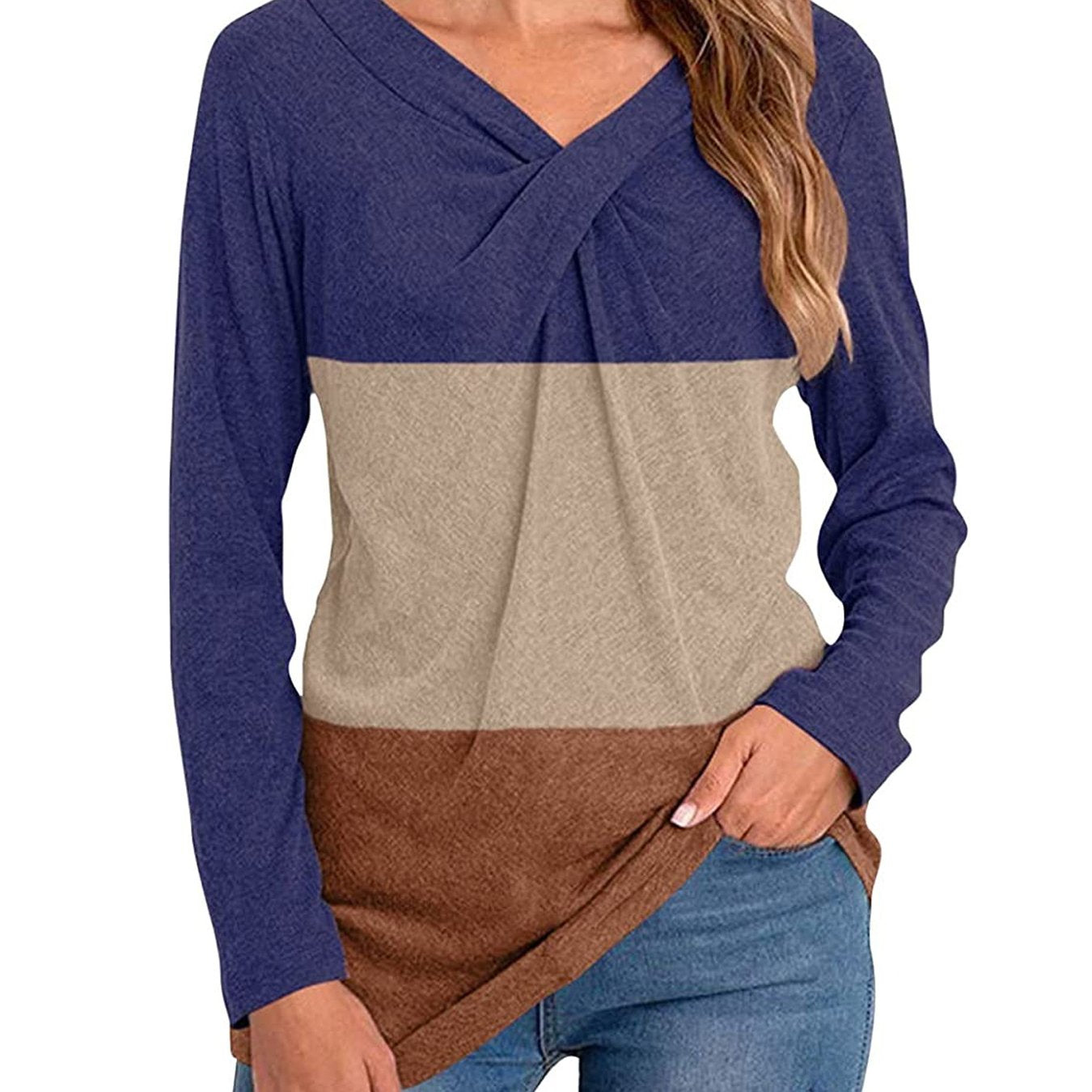Color Block Long Sleeve Twist Neck T-shirts