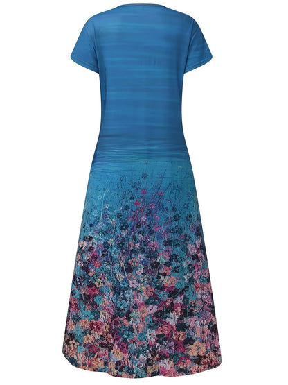 Casual Short Sleeve Crew Neck Floral Print Pocket Dress