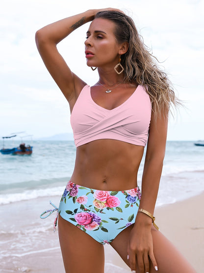 Random Print Bikini Sets, V Neck Layer Bra Tie Side  High Cut Casual Beachwear 2 Pieces Swimsuit