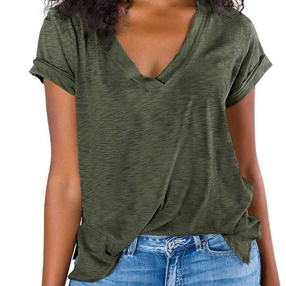 V Neck Side Slit Casual Loose Short Sleeve Fashion Summer T-Shirts Tops