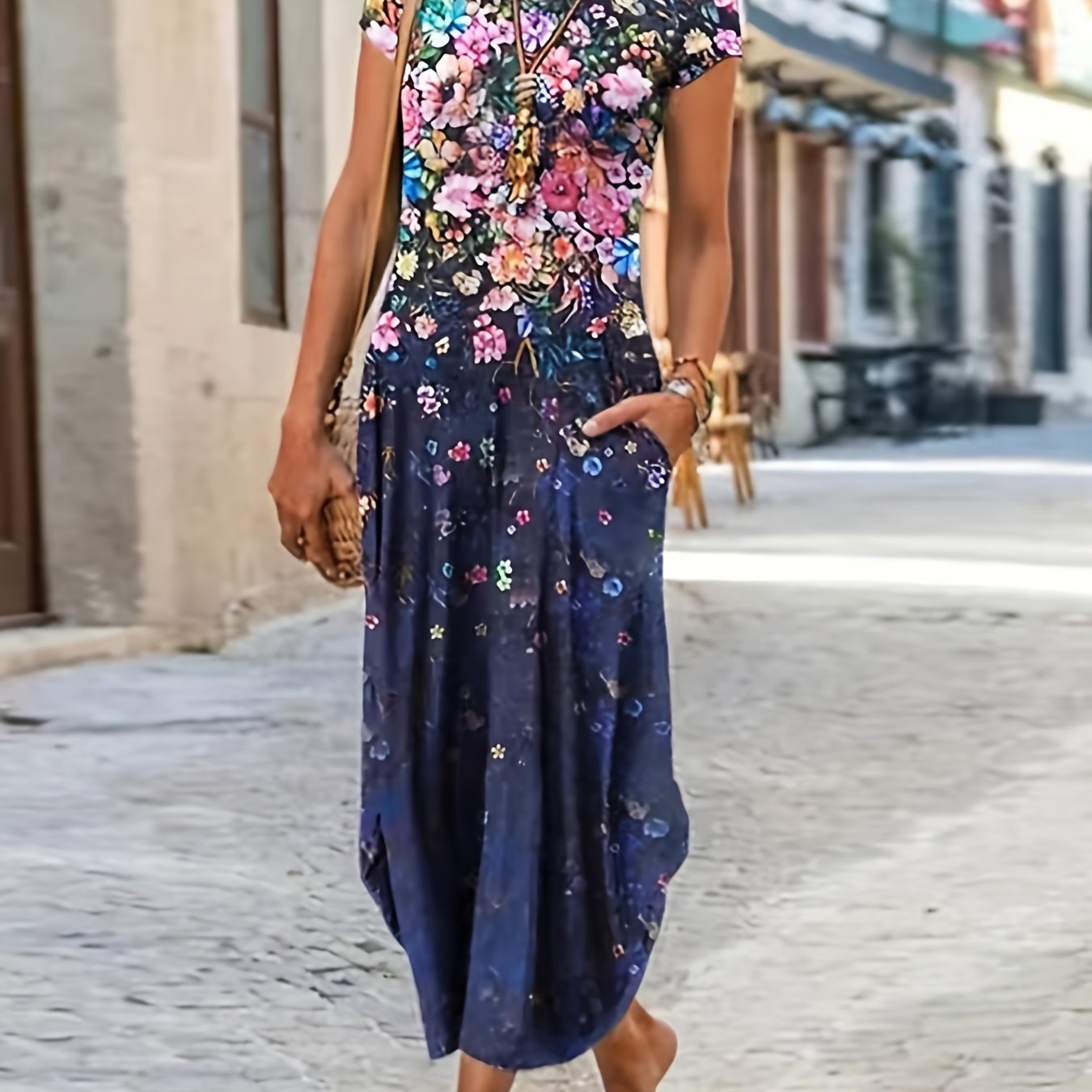 Casual Short Sleeve Crew Neck Floral Print Pocket Dress