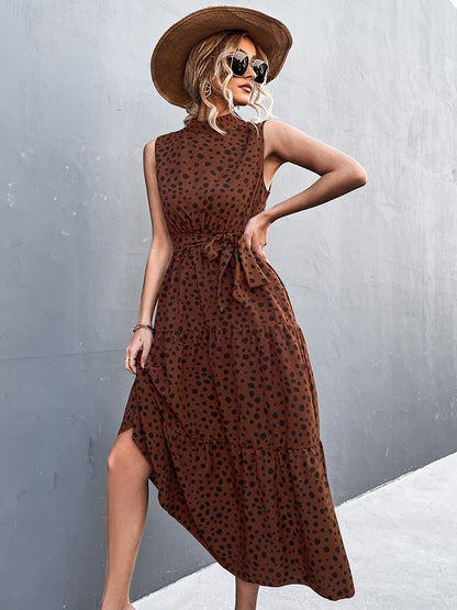Elegant Lace Up Midi Dress Dot Tie Print Sleeveless High Neck Belt Waist Summer Maxi Dresses