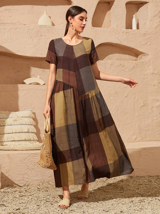 Loose Color Block Crew Neck Short Sleeve Vacation Casual Every Day Dress