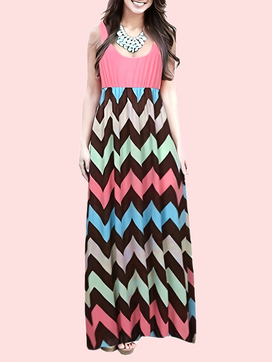 Casual Striped Sleeveless Maxi 
 Crew Neck Vest Dress, Casual Every Day Dress