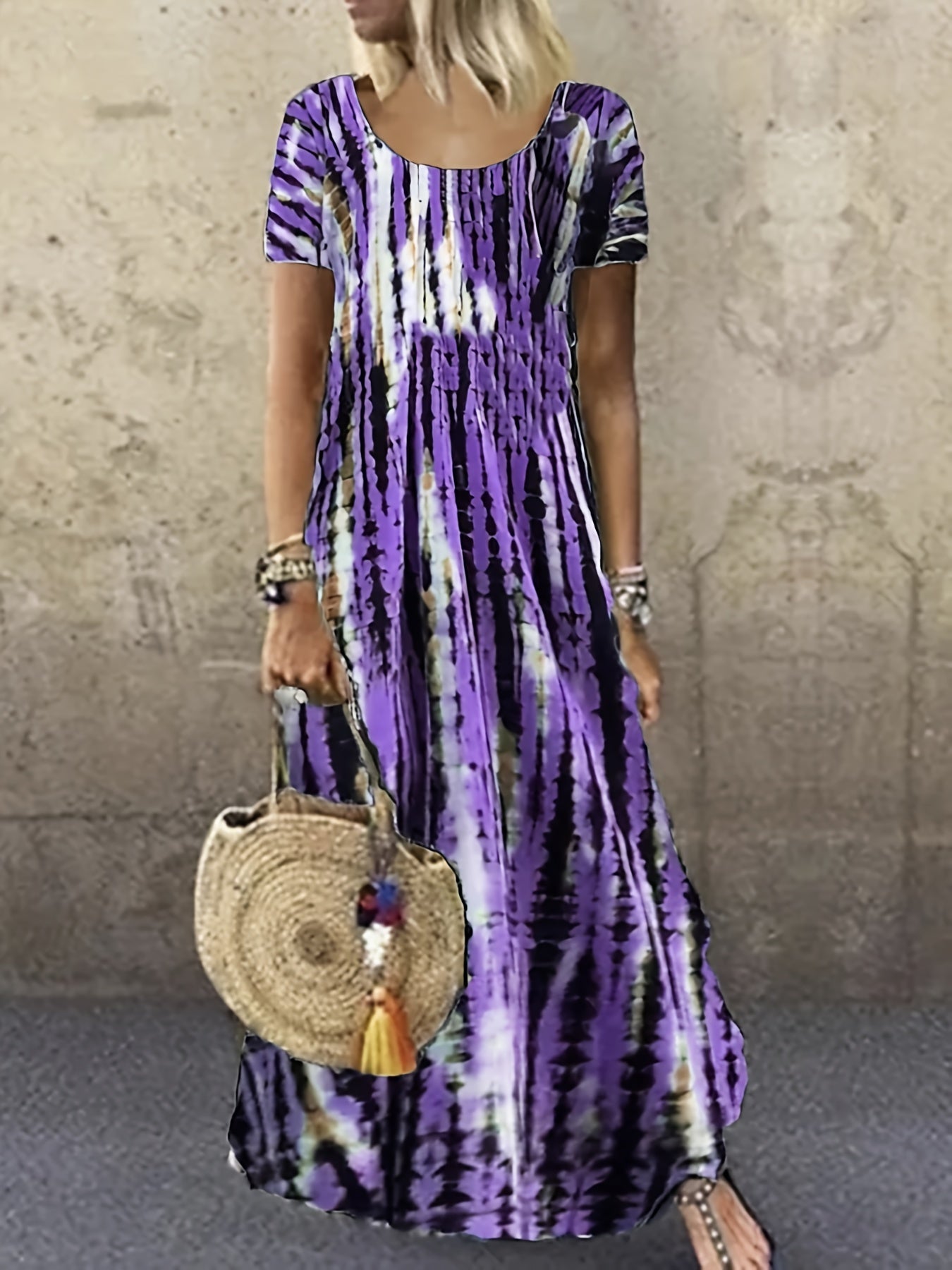 Tie Dye Striped Casual Crew Neck Short Sleeve Ankle Dress