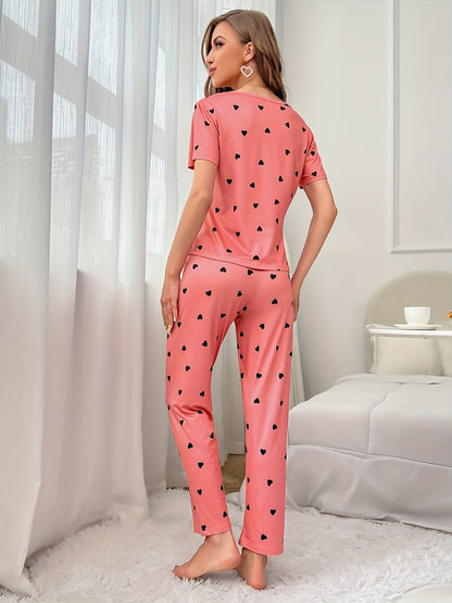 Casual Heart Print Pajamas Short Sleeve Pajama Top Pajama Pants