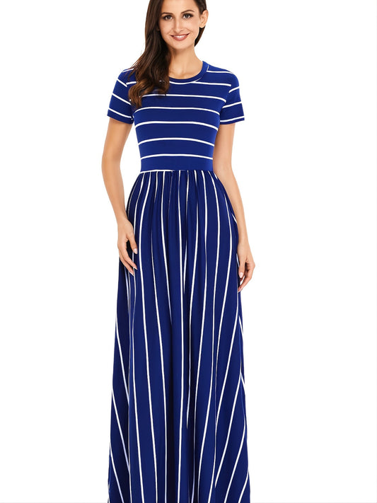 Blue Striped White Short Sleeve Maxi Dress