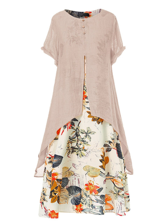 Casual Asymmetrical Floral Print Crew Neck Short Sleeve Dress, Casual Every Day Dress