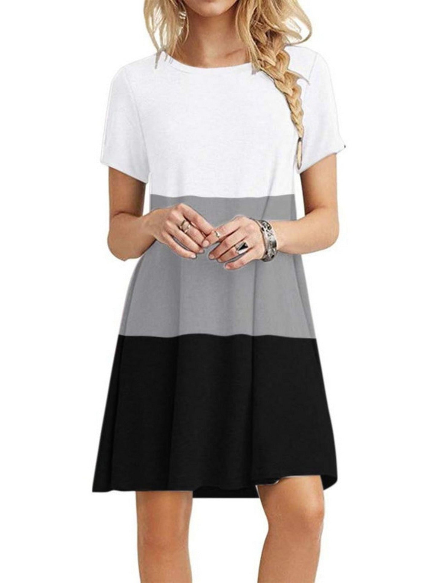Women's Short Sleeve Crew Neck Swing Dress Color Block Summer Loose Casual A-line T-Shirt Dress