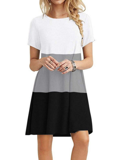 Women's Short Sleeve Crew Neck Swing Dress Color Block Summer Loose Casual A-line T-Shirt Dress