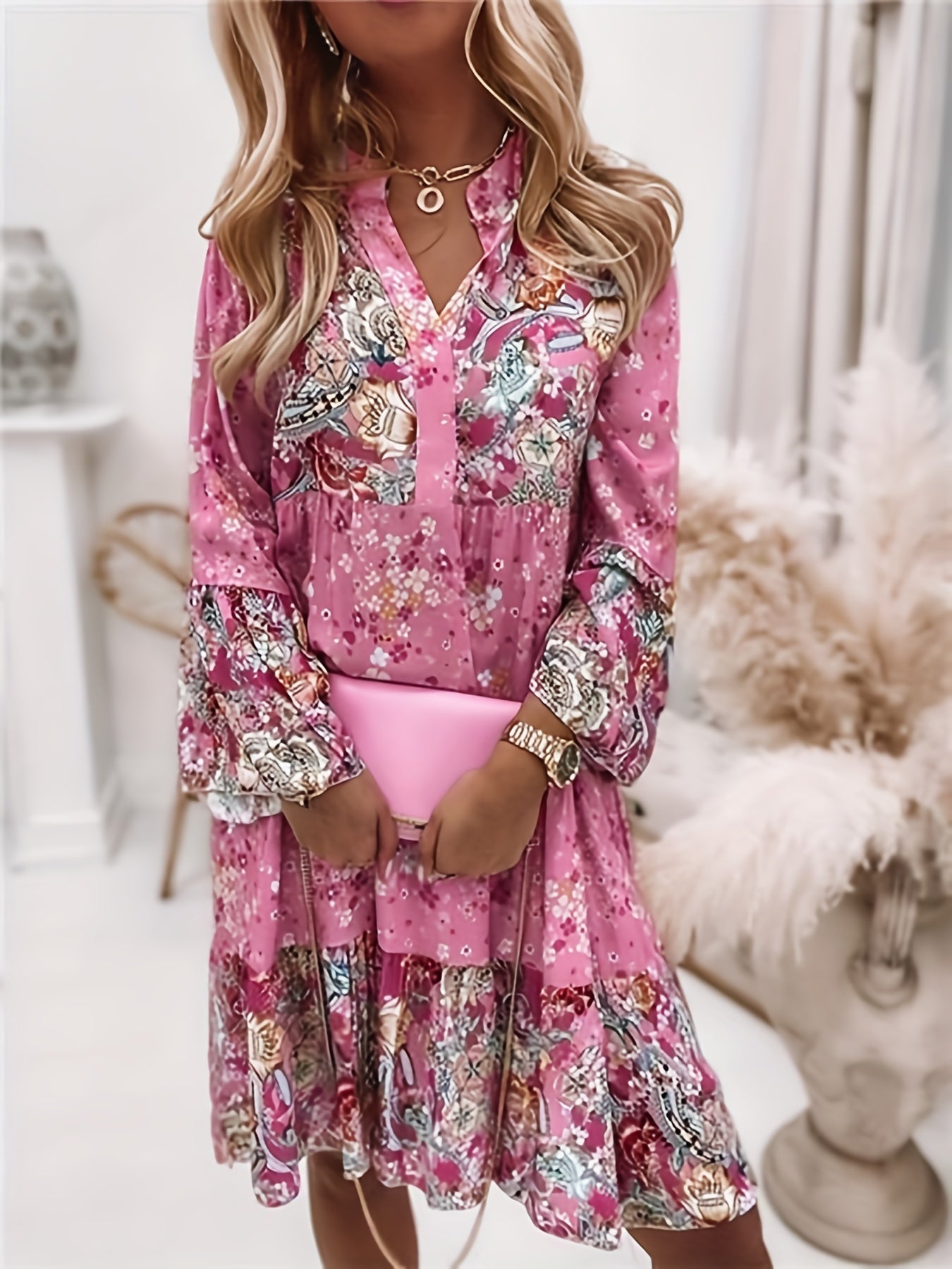 Floral Print Ruffle Hem Boho Holiday Long Sleeve V-neck Dress