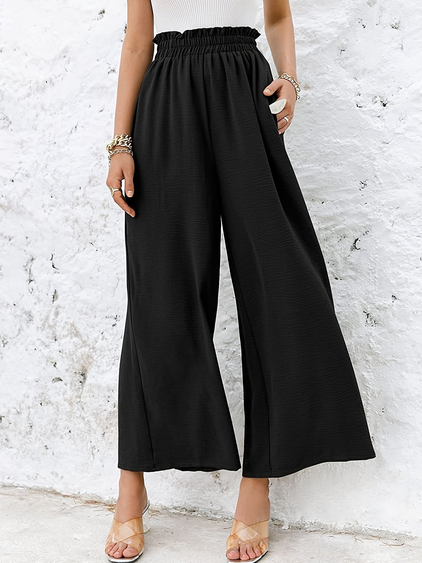 Solid Elastic Wide Leg High Waist Loose Pants With Pockets, Casual Every Day Pants