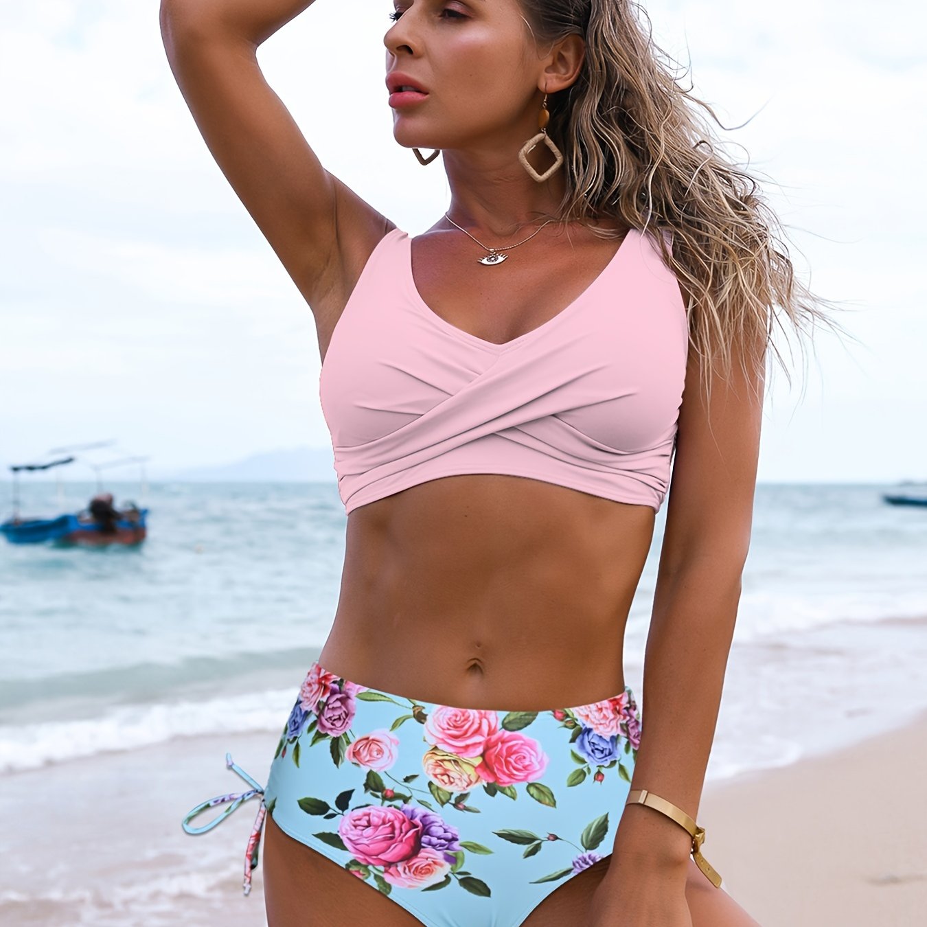 Random Print Bikini Sets, V Neck Layer Bra Tie Side  High Cut Casual Beachwear 2 Pieces Swimsuit
