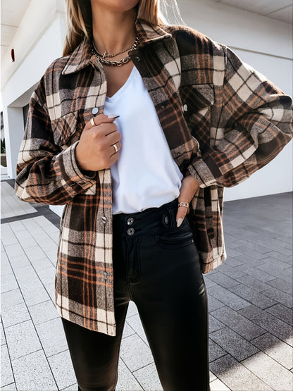Brown Plaid Shirt Long Sleeve Loose Casual Plaid Jacket