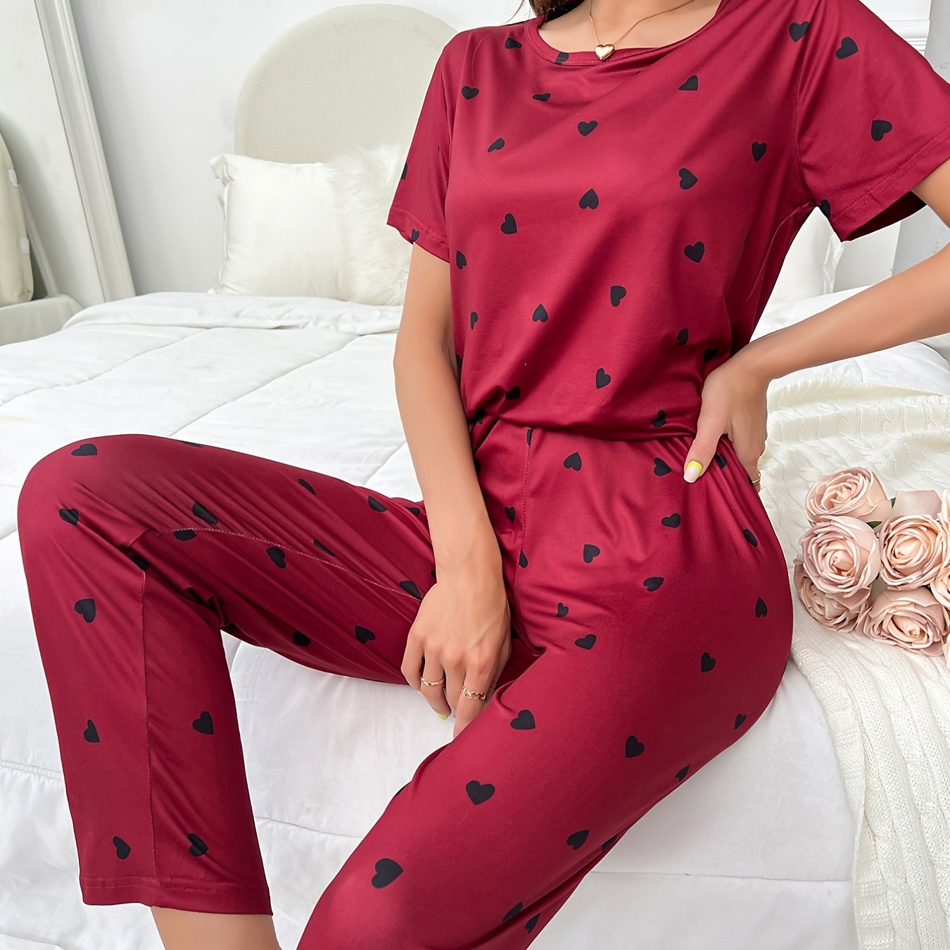 Casual Heart Print Pajamas Short Sleeve Pajama Top Pajama Pants