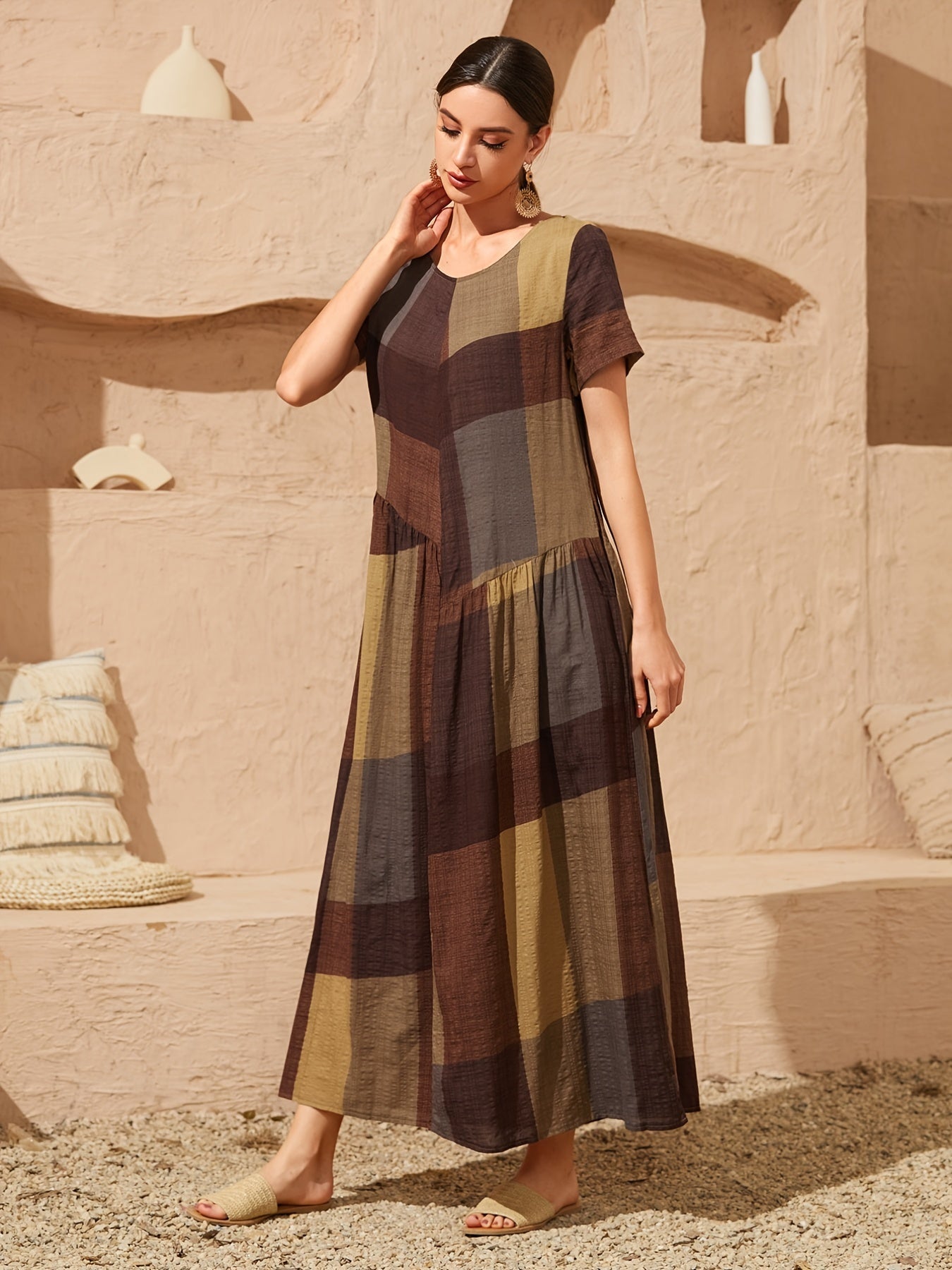 Loose Color Block Crew Neck Short Sleeve Vacation Casual Every Day Dress