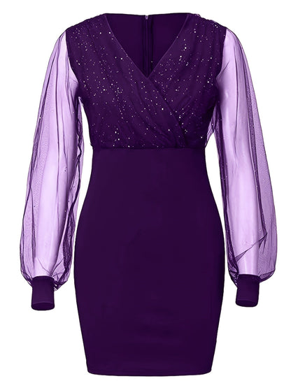 Solid Sequin Stitching Lace Long Sleeve Elegant Mesh Slim Sexy Party Dress